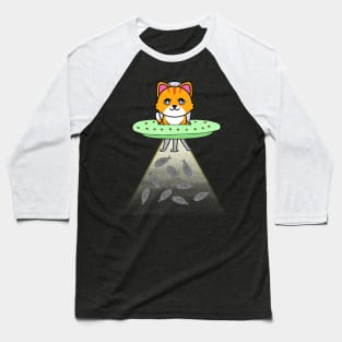 Funny orange Cat is flying a spaceship Baseball T-Shirt